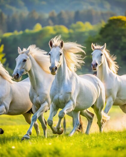Majestic Lipizzan Horses Galloping through Lush Green Pastures at Lipica Stud Farm, Slovenia, with a Beautiful Bokeh Effect Enhancing the Scenic Landscape and Equine Beauty