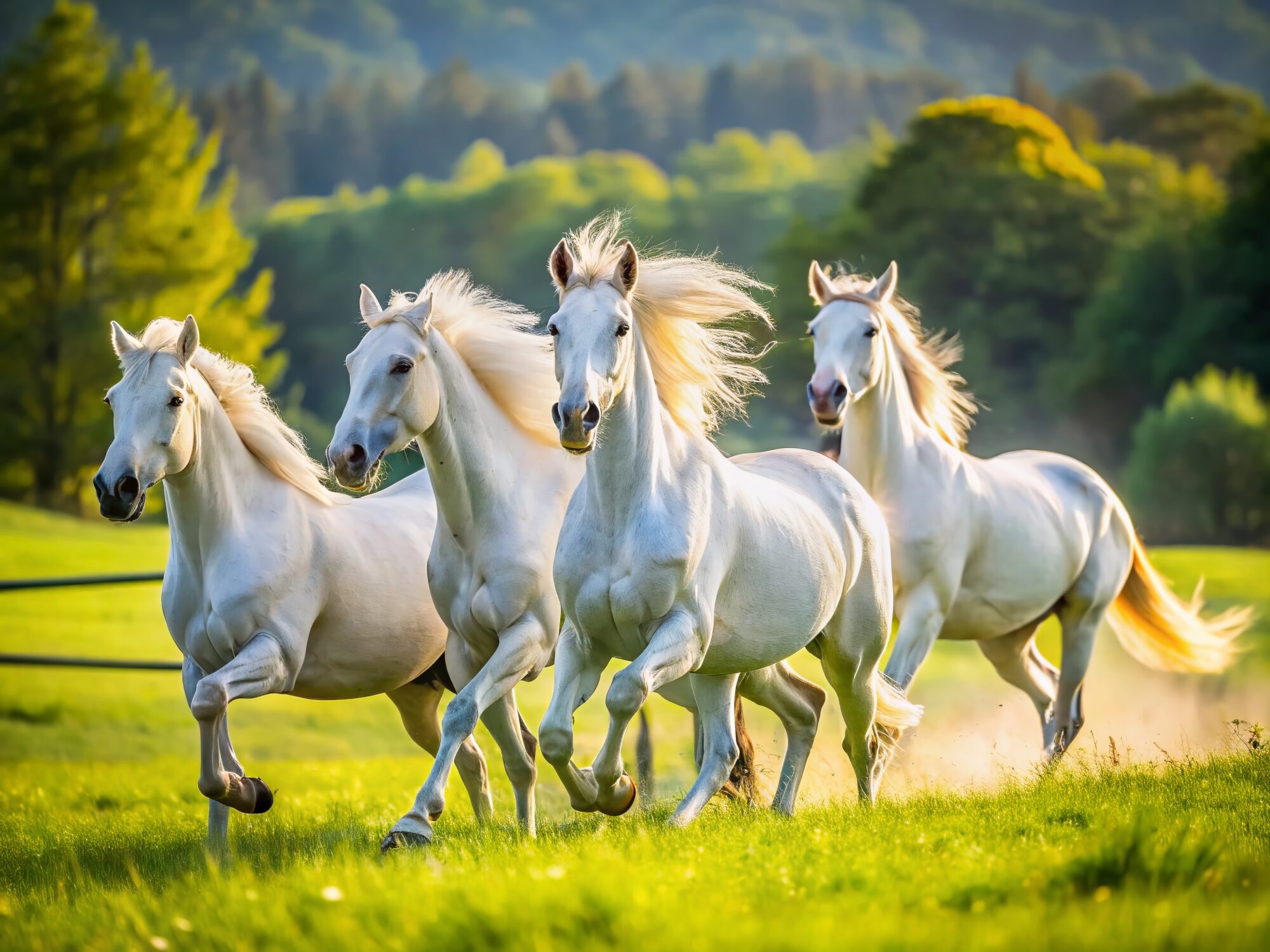 Majestic Lipizzan Horses Galloping through Lush Green Pastures at Lipica Stud Farm, Slovenia, with a Beautiful Bokeh Effect Enhancing the Scenic Landscape and Equine Beauty