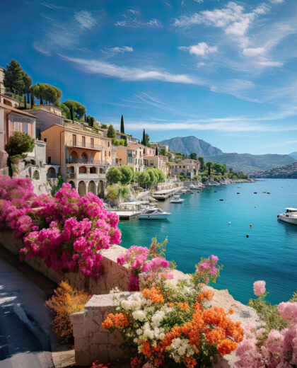 Seafront landscape with azalea flowers. French reviera, view of stunning picturesque coastal town Seafront landscape with azalea flowers. French reviera, view of stunning picturesque coastal town