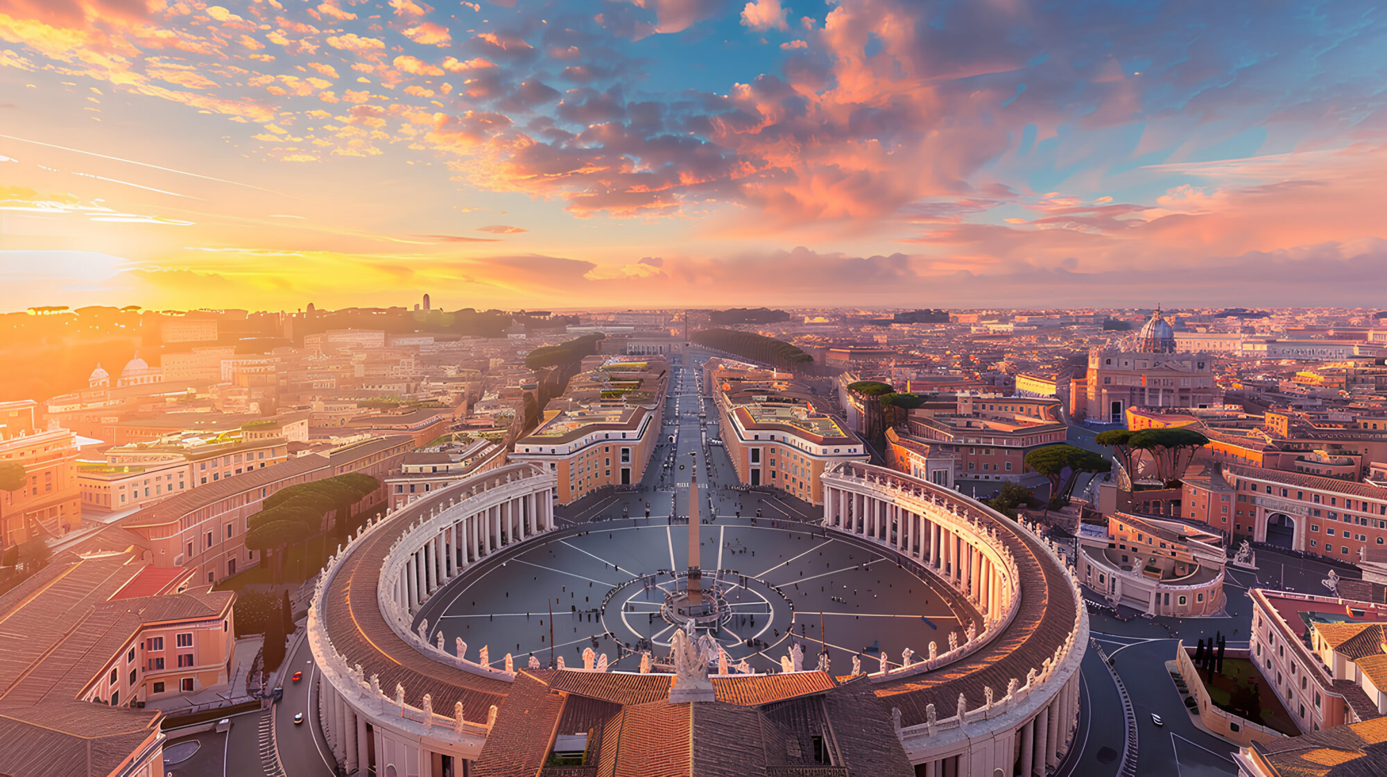 An aerial view of St. Peter's Square and Basilica in Rome, Italy, during a beautiful sunset. An aerial view of St. Peter's Square and Basilica in Rome, Italy, during a beautiful sunset.