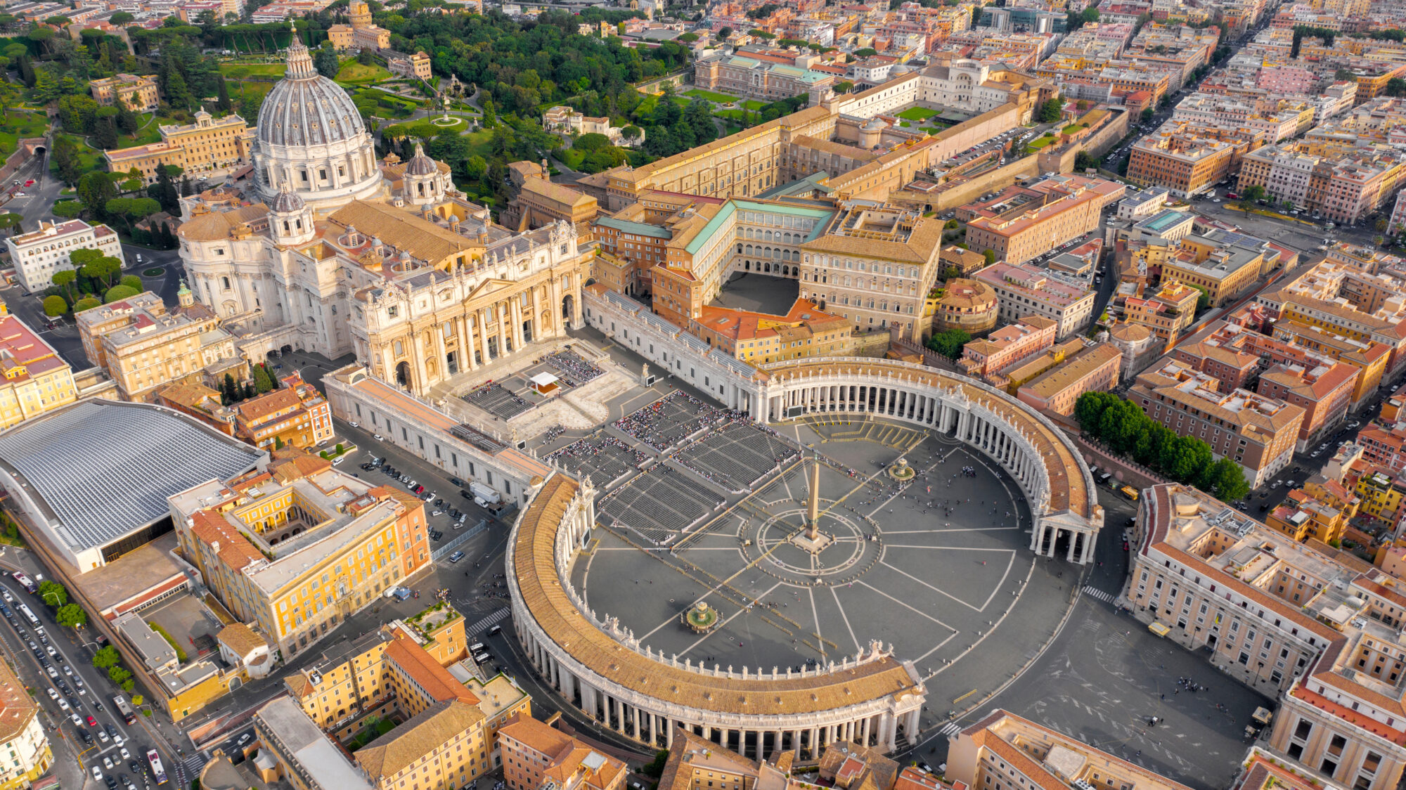 Aerial view of Papal Basilica of Saint Peter in the Vatican located in Rome, Italy, before a weekly general audience. It's the most important and largest church in the world and residence of the Pope. Aerial view of Papal Basilica of Saint Peter in the Vatican located in Rome, Italy, before a weekly general audience. It's the most important and largest church in the world and residence of the Pope.