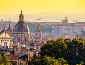 Cityscape view of historic center of Rome, Italy from the Gianicolo hill during summer sunny day sunset Cityscape view of historic center of Rome, Italy from the Gianicolo hill during summer sunny day sunset