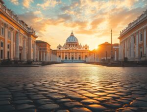 Stunning Sunset Views of St. Peter's Basilica: A Serene Evening along Via della Conciliazione in Vatican City Stunning Sunset Views of St. Peter's Basilica: A Serene Evening along Via della Conciliazione in Vatican City