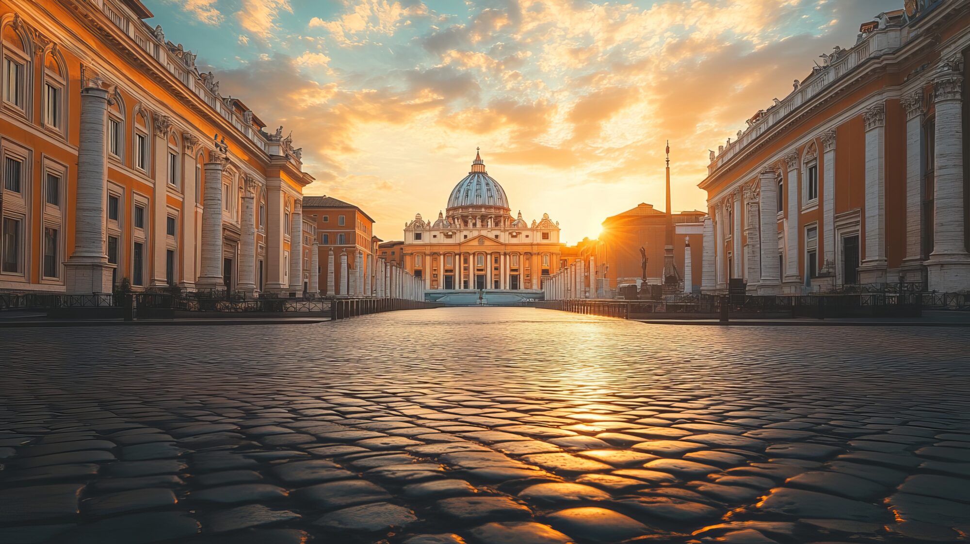 Stunning Sunset Views of St. Peter's Basilica: A Serene Evening along Via della Conciliazione in Vatican City Stunning Sunset Views of St. Peter's Basilica: A Serene Evening along Via della Conciliazione in Vatican City