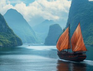 Majestic junk boat sailing through halong bay's serene waters