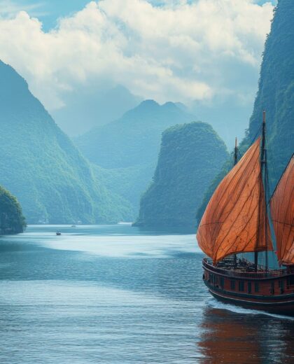 Majestic junk boat sailing through halong bay's serene waters