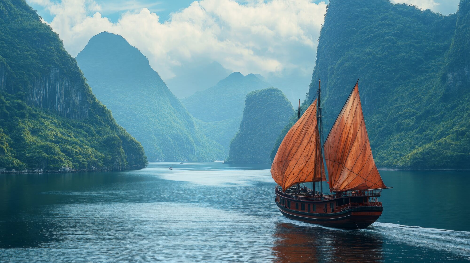 Majestic junk boat sailing through halong bay's serene waters