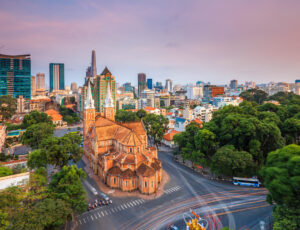SAIGON, VIETNAM - APRIL 05, 2016 - Saigon Notre Dame Cathedral (Vietnamese: Nha Tho Duc Ba) in a daylife, build in 1883 by French colonists