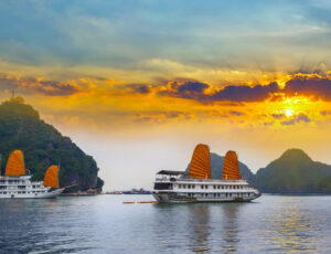 Tourist junks floating Ha Long Bay, South China Sea Vietnam
