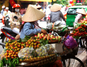 Straßenmarkt in Hanoi, Vietnam: Obsthändler mit Fahrrädern und traditionellen vietnamesischen Hüten verkaufen tropische Früchte im lebhaften Stadtleben Straßenmarkt in Hanoi, Vietnam: Obsthändler mit Fahrrädern und traditionellen vietnamesischen Hüten verkaufen tropische Früchte im lebhaften Stadtleben