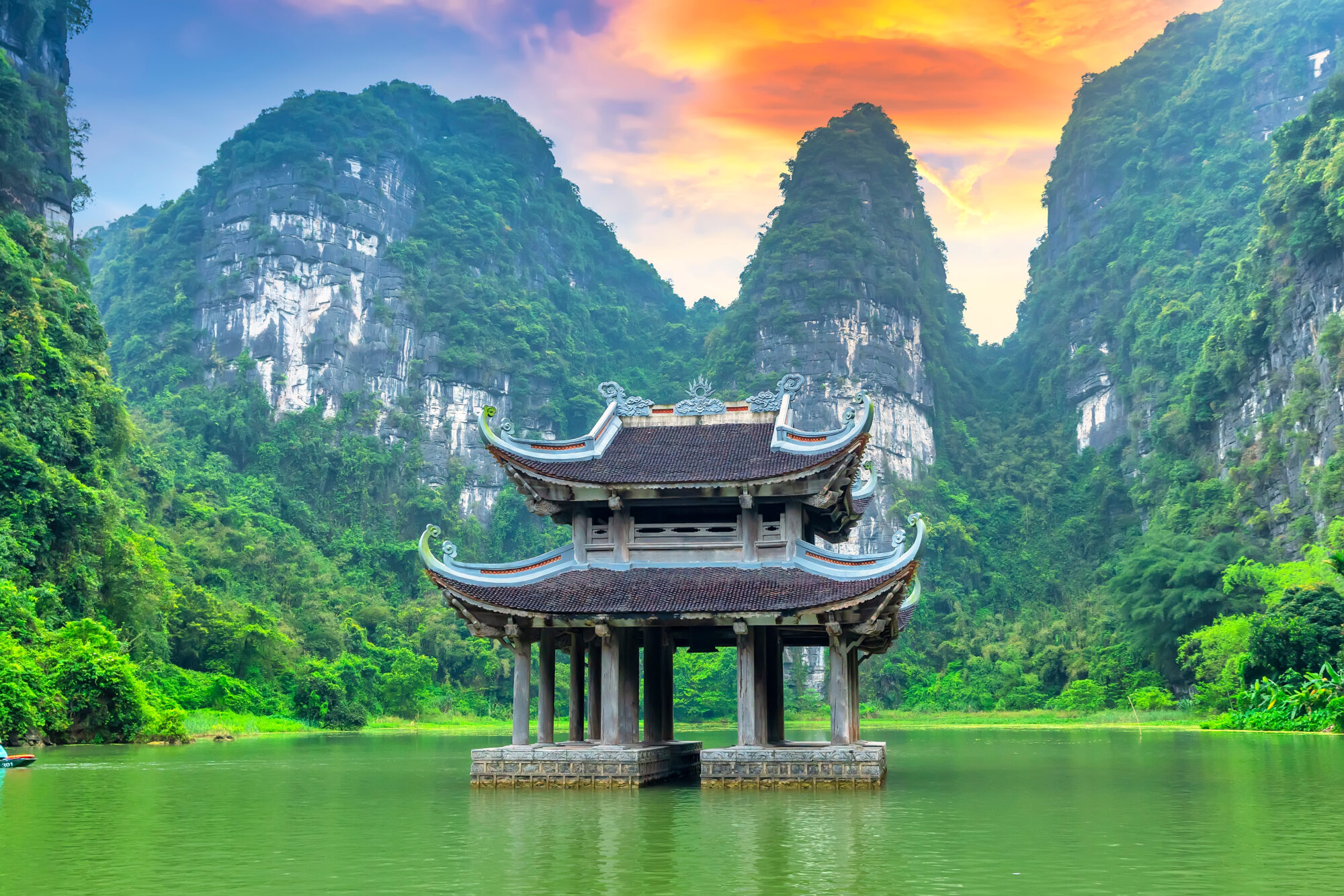 Landscape of Vu Cung at Tam Coc National Park. It was the place where the Tran Dynasty's struggle against the Nguyen Mong army took place and was also the practice place for feudal kings in Vietnam.