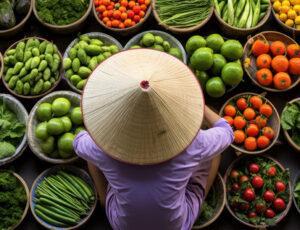 banner of woman in traditional market in Vietnam