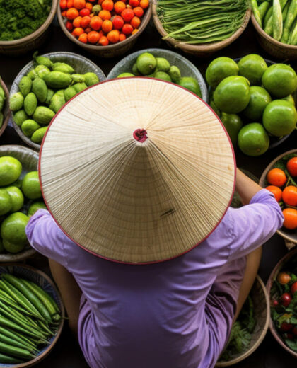 banner of woman in traditional market in Vietnam