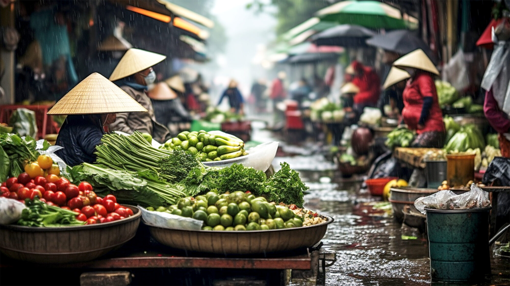 outdoor market in Vietnam on a rainy day