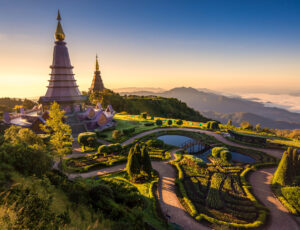 Landscape of two pagoda (noppha methanidon-noppha phon phum siri stupa) in an Inthanon mountain, chiang mai, Thailand