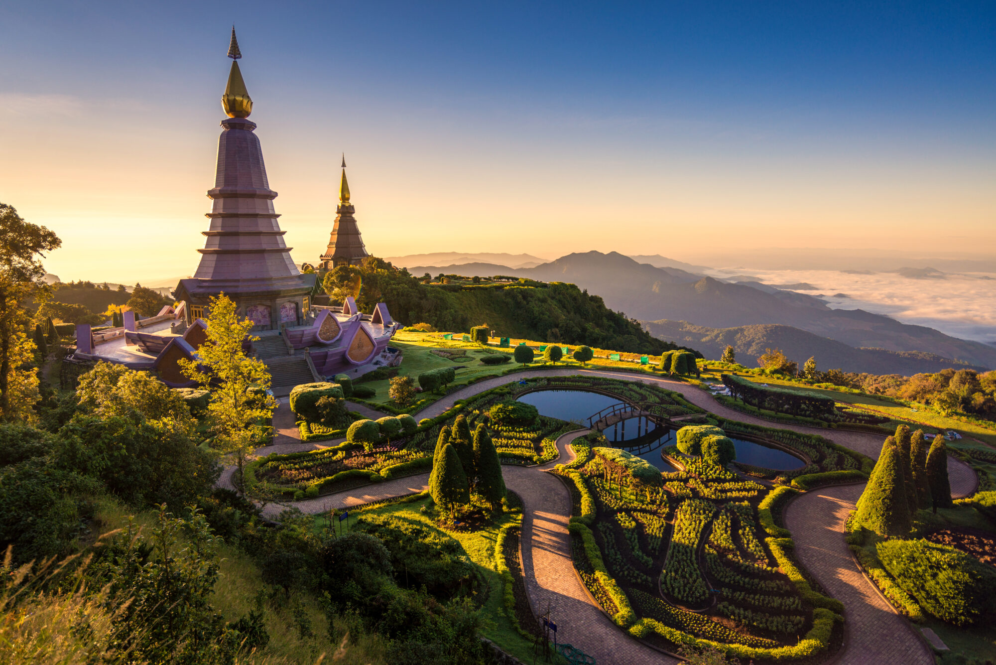 Landscape of two pagoda (noppha methanidon-noppha phon phum siri stupa) in an Inthanon mountain, chiang mai, Thailand