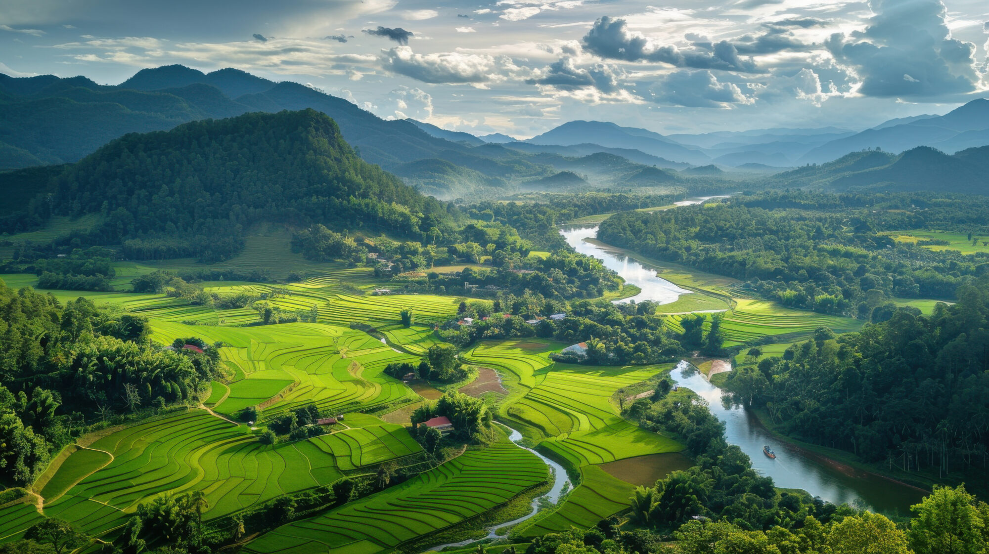 A panoramic view of the Mae Hong Son countryside, with lush green rice terraces and winding rivers