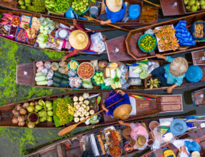 Aerial view famous floating market in Thailand, Damnoen Saduak f Aerial view famous floating market in Thailand, Damnoen Saduak f