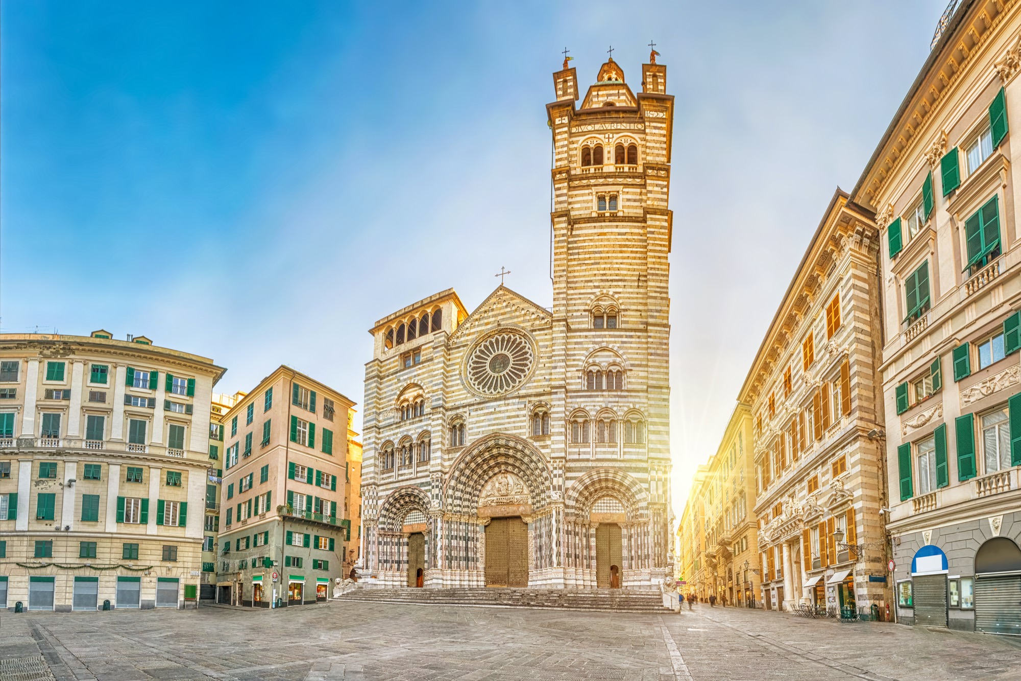 Cathedral,Of,Genoa,On,Sunrise,-,View,From,Piazza,San