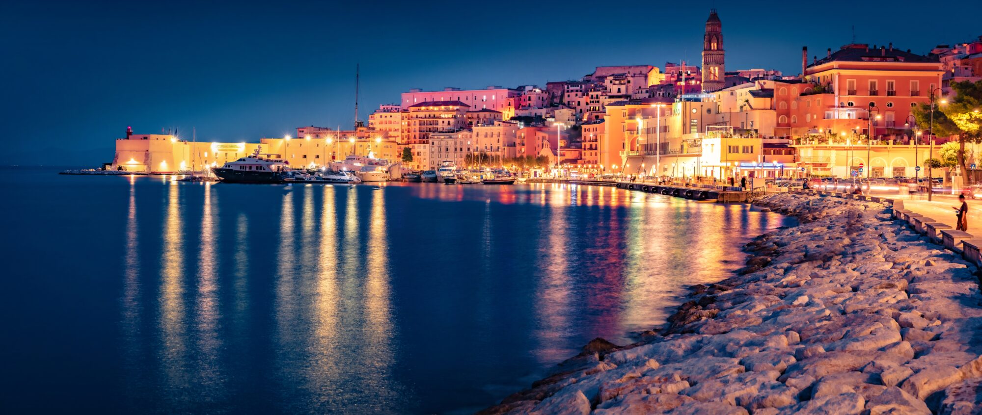 Illuminated,Quay,In,Gaeta,Town,With,Cathedral,Basilica,Of,Gaeta tour riviera