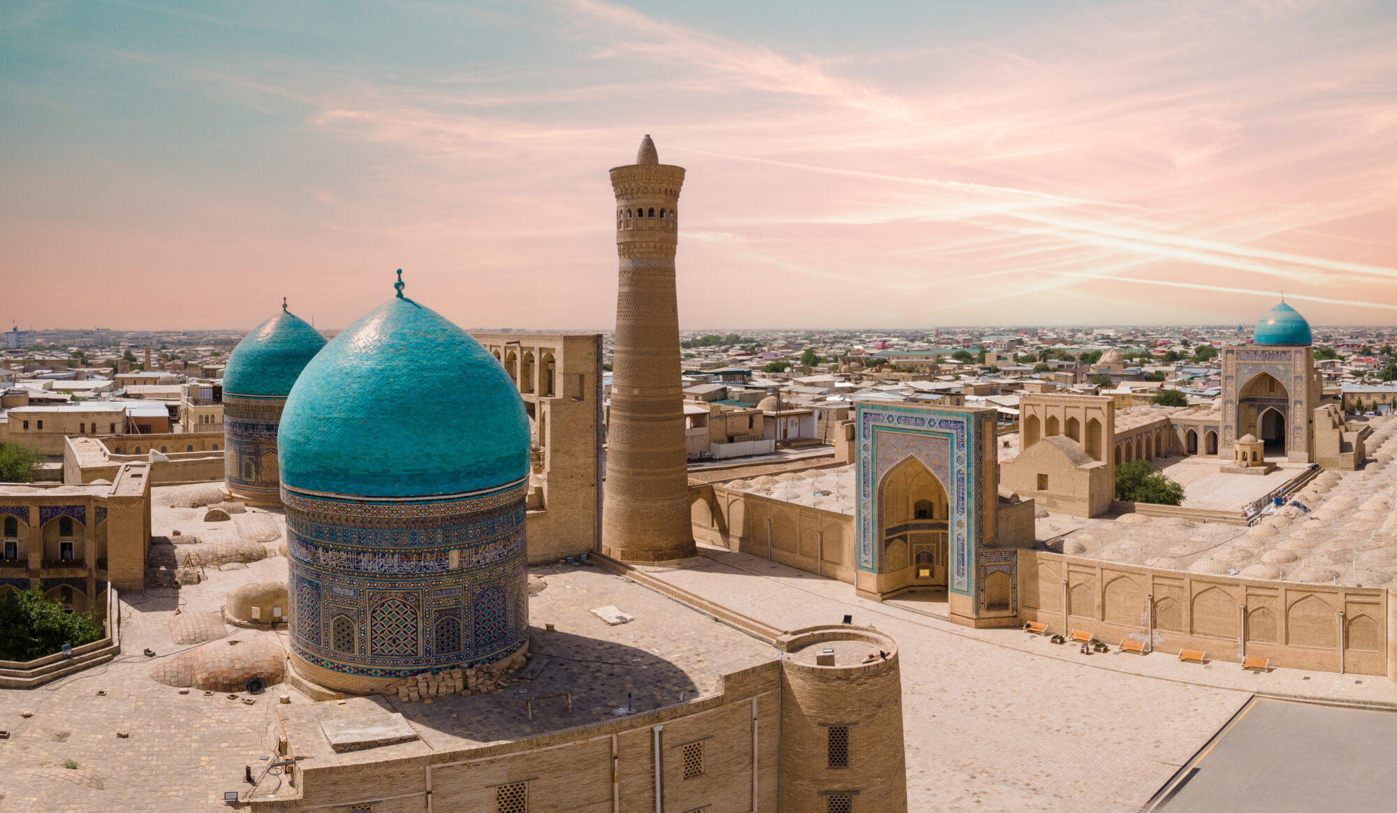 Buhara, Uzbekistan Aerial view of Mir-i-Arab Madrasa Kalyan minaret and Poi Kalyan Mosque.