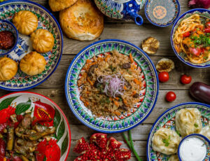 dishes of Uzbek cuisine lagman, pilaf dishes of Uzbek cuisine lagman, pilaf
