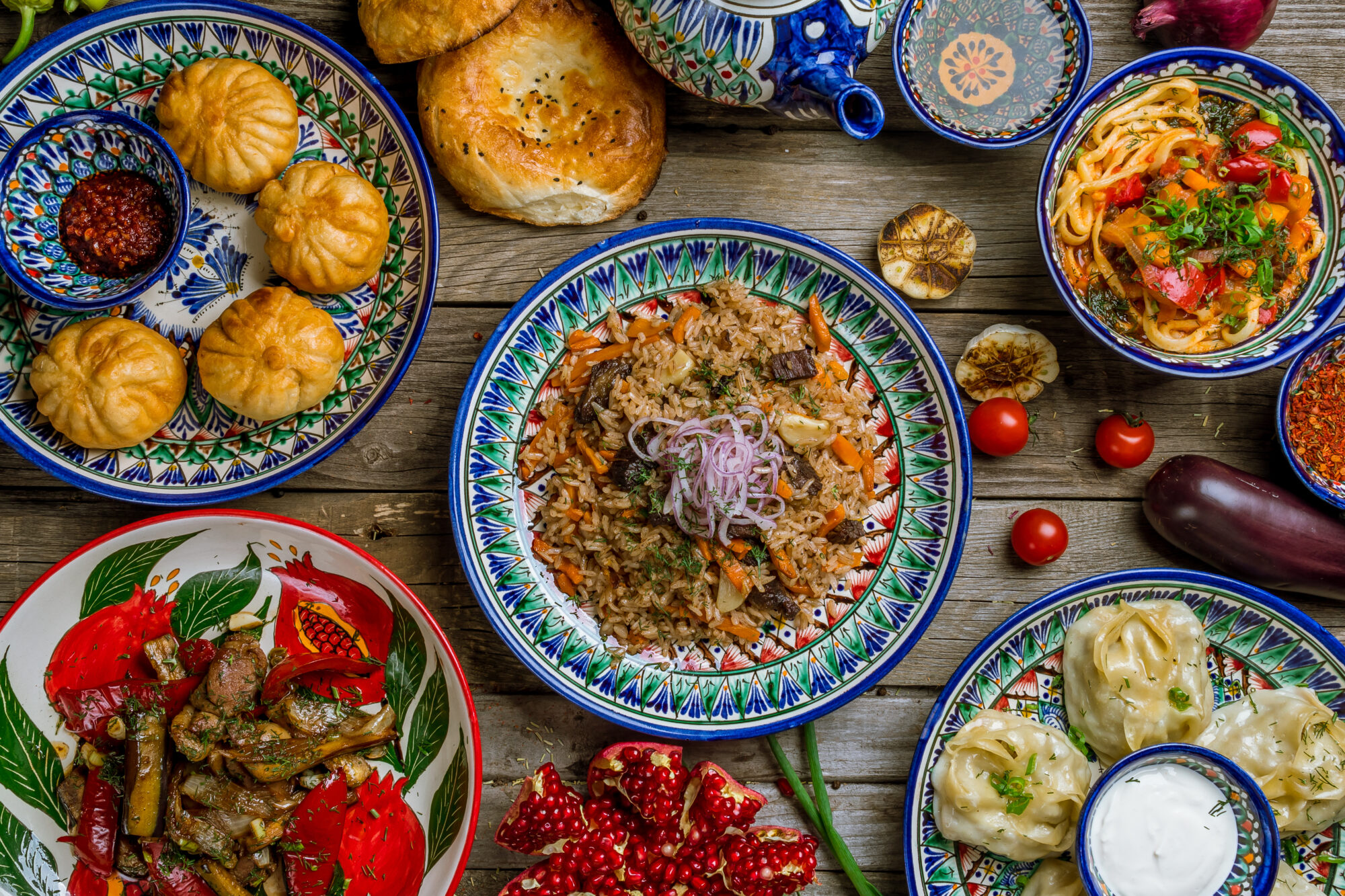 dishes of Uzbek cuisine lagman, pilaf dishes of Uzbek cuisine lagman, pilaf