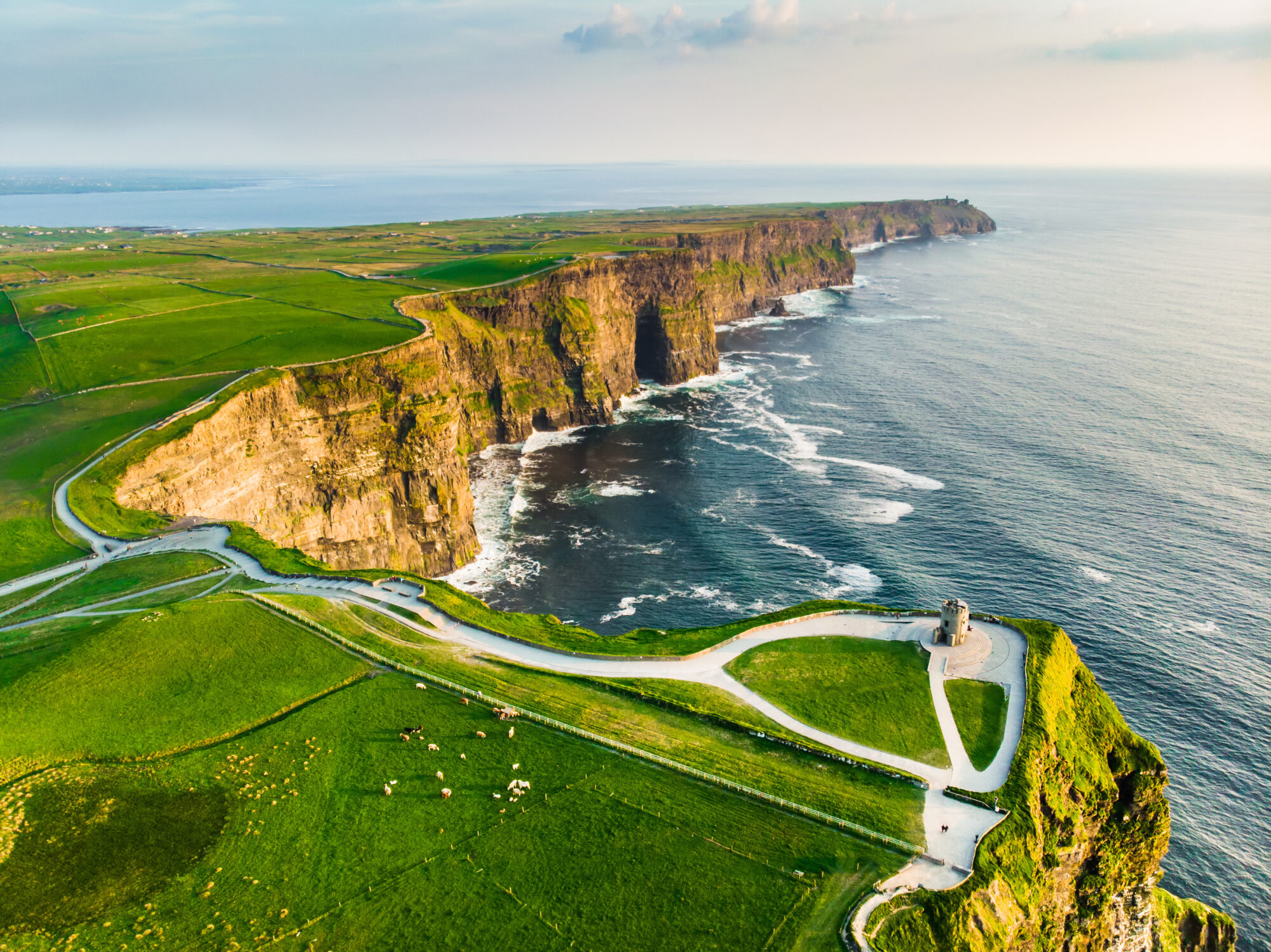 World famous Cliffs of Moher, one of the most popular tourist destinations in Ireland. Aerial view of known tourist attraction on Wild Atlantic Way in County Clare.