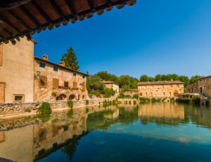 Unusual,Public,Square,In,Medieval,Village,Near,Siena,Under,The tour pullman