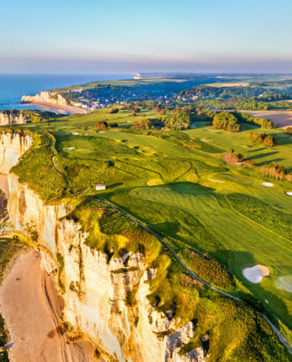 Aerial,Panorama,Of,Seaside,With,Chalk,Cliffs,At,Etretat,